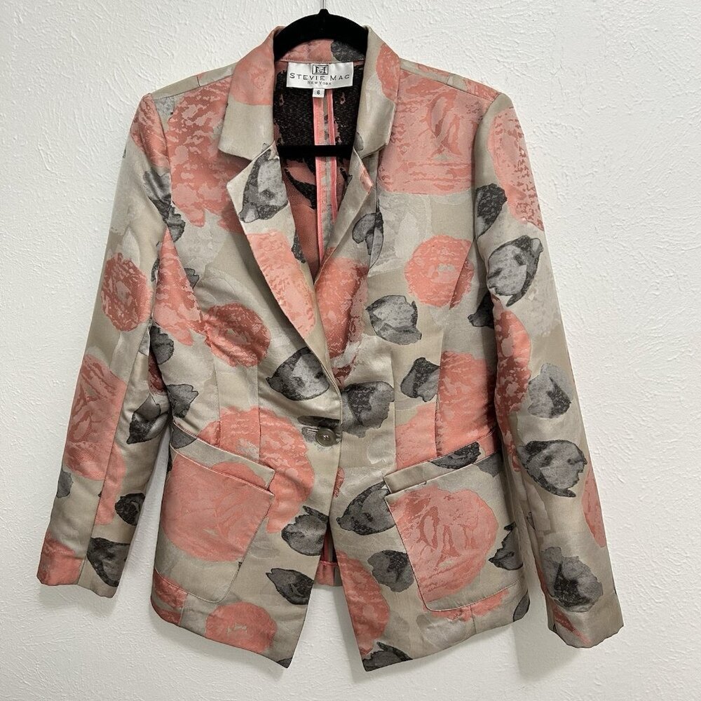 VTG Y2K Stevie Mac Pink Gray Abstract Blazer‎ Jacket Size 6 Silky Sheen 1 Button